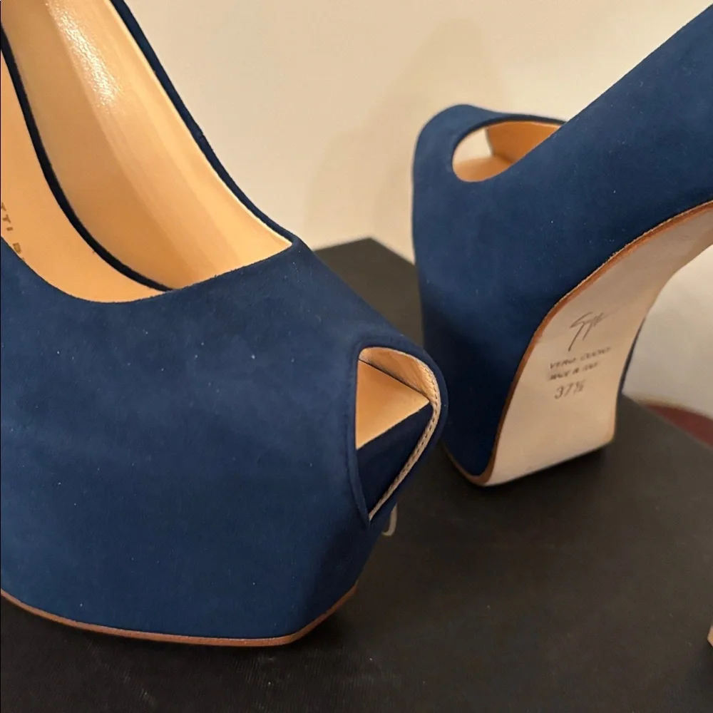 Giuseppe Zanotti Suede Leather Blue Stiletto Liza 90 Open Toe Platform Pump 7.5
